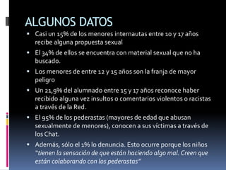 ALGUNOS DATOS
 Casi un 15% de los menores internautas entre 10 y 17 años
recibe alguna propuesta sexual
 El 34% de ellos se encuentra con material sexual que no ha
buscado.
 Los menores de entre 12 y 15 años son la franja de mayor
peligro
 Un 21,9% del alumnado entre 15 y 17 años reconoce haber
recibido alguna vez insultos o comentarios violentos o racistas
a través de la Red.
 El 95% de los pederastas (mayores de edad que abusan
sexualmente de menores), conocen a sus víctimas a través de
los Chat.
 Además, sólo el 1% lo denuncia. Esto ocurre porque los niños
“tienen la sensación de que están haciendo algo mal. Creen que
están colaborando con los pederastas”
 