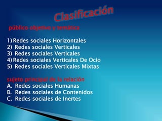 público objetivo y temática
1) Redes sociales Horizontales
2) Redes sociales Verticales
3) Redes sociales Verticales
4) Redes sociales Verticales De Ocio
5) Redes sociales Verticales Mixtas
sujeto principal de la relación
A. Redes sociales Humanas
B. Redes sociales de Contenidos
C. Redes sociales de Inertes
 