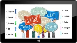 Las Redes Mas Utilizadas
 Facebook
 YouTube
 Whatsapp
 QQ
 WeChat
 Qzone
 LinkedIn
 Weibo
 Instagram
 Twitter
 