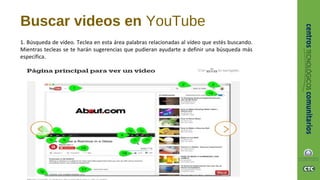 Buscar videos en YouTube
1. Búsqueda de vídeo. Teclea en esta área palabras relacionadas al vídeo que estés buscando.
Mientras tecleas se te harán sugerencias que pudieran ayudarte a definir una búsqueda más
específica.
 