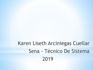 Karen Liseth Arciniegas Cuellar
Sena - Técnico De Sistema
2019
 