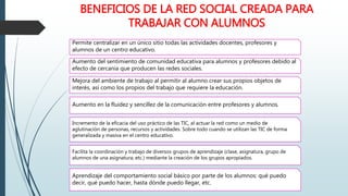 BENEFICIOS DE LA RED SOCIAL CREADA PARA
TRABAJAR CON ALUMNOS
Permite centralizar en un único sitio todas las actividades docentes, profesores y
alumnos de un centro educativo.
Aumento del sentimiento de comunidad educativa para alumnos y profesores debido al
efecto de cercanía que producen las redes sociales.
Mejora del ambiente de trabajo al permitir al alumno crear sus propios objetos de
interés, así como los propios del trabajo que requiere la educación.
Aumento en la fluidez y sencillez de la comunicación entre profesores y alumnos.
Incremento de la eficacia del uso práctico de las TIC, al actuar la red como un medio de
aglutinación de personas, recursos y actividades. Sobre todo cuando se utilizan las TIC de forma
generalizada y masiva en el centro educativo.
Facilita la coordinación y trabajo de diversos grupos de aprendizaje (clase, asignatura, grupo de
alumnos de una asignatura, etc.) mediante la creación de los grupos apropiados.
Aprendizaje del comportamiento social básico por parte de los alumnos: qué puedo
decir, qué puedo hacer, hasta dónde puedo llegar, etc.
 
