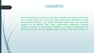 CONCEPTO
Una red social es una estructura social que se puede representar en forma de
uno o varios grafos en el cual los nodos representan individuos (a veces
denominados actores) y las aristas relaciones entre ellos. Las relaciones
pueden ser de distinto tipo, como intercambios financieros, amistad,
relaciones sexuales, o rutas aéreas. También es el medio de interacción de
distintas personas como por ejemplo juegos en línea, chats, foros, spaces, etc.
 