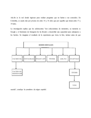 Ask.fm es la red donde ingresan para realizar preguntas que no harían a sus conocidos. En
Colombia, es usada más por jóvenes de entre 14 y 16 años que por aquellos que tienen entre 17 y
19 años.
La investigación explica que los adolescentes "son coleccionistas de momentos, su memoria es
Google y el fenómeno de Instagram los ha llevado a desarrollar una capacidad para anticiparse a
los hechos. Se imaginan el resultado de la experiencia que viven, la foto, incluso antes de que
suceda", concluye la consultora de origen español.
 