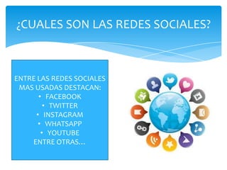 ¿CUALES SON LAS REDES SOCIALES?

ENTRE LAS REDES SOCIALES
MAS USADAS DESTACAN:
• FACEBOOK
• TWITTER
• INSTAGRAM
• WHATSAPP
• YOUTUBE
ENTRE OTRAS…

 