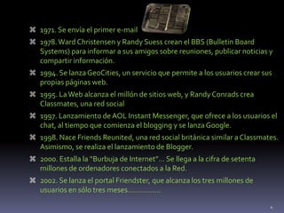  1971. Se envía el primer e-mail
 1978.Ward Christensen y Randy Suess crean el BBS (Bulletin Board
Systems) para informar a sus amigos sobre reuniones, publicar noticias y
compartir información.
 1994. Se lanzaGeoCities, un servicio que permite a los usuarios crear sus
propias páginas web.
 1995. LaWeb alcanza el millón de sitios web, y Randy Conrads crea
Classmates, una red social
 1997. Lanzamiento de AOL Instant Messenger, que ofrece a los usuarios el
chat, al tiempo que comienza el blogging y se lanzaGoogle.
 1998. Nace Friends Reunited, una red social británica similar a Classmates.
Asimismo, se realiza el lanzamiento de Blogger.
 2000. Estalla la “Burbuja de Internet”… Se llega a la cifra de setenta
millones de ordenadores conectados a la Red.
 2002. Se lanza el portal Friendster, que alcanza los tres millones de
usuarios en sólo tres meses…………….
4
 