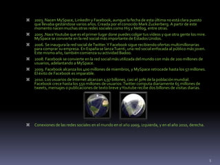  2003. Nacen MySpace, LinkedIn y Facebook, aunque la fecha de esta última no está clara puesto
que llevaba gestándose varios años. Creada por el conocido Mark Zuckerberg. A partir de este
momento nacen muchas otras redes sociales como Hi5 y Netlog, entre otras.
 2005 .NaceYoutube que es el primer lugar done puedes colgar tus vídeos y que otra gente los mire.
MySpace se convierte en la red social más importante de Estados Unidos.
 2006. Se inaugura la red social deTwitter.Y Facebook sigue recibiendo ofertas multimillonarias
para comprar su empresa. En España se lanzaTuenti, una red social enfocada al público más joven.
Este mismo año, también comienza su actividad Badoo.
 2008. Facebook se convierte en la red social más utilizada del mundo con más de 200 millones de
usuarios, adelantando a MySpace.
 2009. Facebook alcanza los 400 millones de miembros, y MySpace retrocede hasta los 57 millones.
El éxito de Facebook es imparable.
 2010. Los usuarios de Internet alcanzan 1,97 billones, casi el 30% de la población mundial.
Facebook crece hasta los 550 millones de usuarios:Twitter computa diariamente 65 millones de
tweets, mensajes o publicaciones de texto breve yYoutube recibe dos billones de visitas diarias.
 Conexiones de las redes sociales en el mundo en el año 2009, izquierda, y en el año 2010, derecha.
5
 