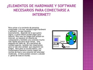 Para unirse a la corriente de personas
conectadas a la red, necesita algún hardware
y software. Lo que necesita
exactamente, depende de lo que quiera
lograr y cuanto dinero puede pagar para
hacerlo. Para usar los juegos que existen en
Internet, se requiere un sistema de
computación y también una conexión mucho
más rápida que para otras tareas. Una
plaqueta de video de 3D y parlantes de
calidad superior, también son importantes
para la más alta calidad que requieren los
juegos. Pero para un acceso básico, una
computadora bastante común (según las
normas de hoy) y una conexión de velocidad
moderada, le hará posible conocer y saludar
a gente de todo el mundo.
 