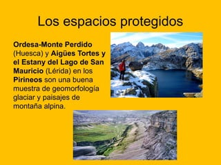 Los espacios protegidos
Ordesa-Monte Perdido
(Huesca) y Aigües Tortes y
el Estany del Lago de San
Mauricio (Lérida) en los
Pirineos son una buena
muestra de geomorfología
glaciar y paisajes de
montaña alpina.

 