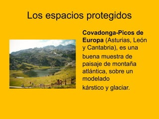 Los espacios protegidos
Covadonga-Picos de
Europa (Asturias, León
y Cantabria), es una
buena muestra de
paisaje de montaña
atlántica, sobre un
modelado
kárstico y glaciar.

 