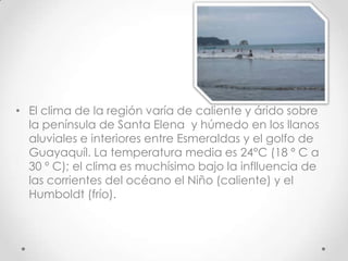 • El clima de la región varía de caliente y árido sobre
  la península de Santa Elena y húmedo en los llanos
  aluviales e interiores entre Esmeraldas y el golfo de
  Guayaquíl. La temperatura media es 24°C (18 º C a
  30 º C); el clima es muchísimo bajo la inflluencia de
  las corrientes del océano el Niño (caliente) y el
  Humboldt (frío).
 