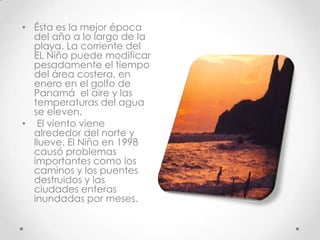 • Ésta es la mejor época
  del año a lo largo de la
  playa. La corriente del
  EL Niño puede modificar
  pesadamente el tiempo
  del área costera, en
  enero en el golfo de
  Panamá el aire y las
  temperaturas del agua
  se eleven.
• El viento viene
  alrededor del norte y
  llueve. El Niño en 1998
  causó problemas
  importantes como los
  caminos y los puentes
  destruidos y las
  ciudades enteras
  inundadas por meses.
 