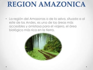 REGION AMAZONICA
• La región del Amazonas o de la selva, situada a al
  este de los Andes, es una de las áreas más
  accesibles y amistosa para el viajero, el área
  biológico más rica en la tierra.
 