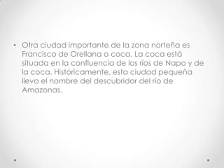 • Otra ciudad importante de la zona norteña es
  Francisco de Orellana o coca. La coca está
  situada en la confluencia de los ríos de Napo y de
  la coca. Históricamente, esta ciudad pequeña
  lleva el nombre del descubridor del río de
  Amazonas.
 