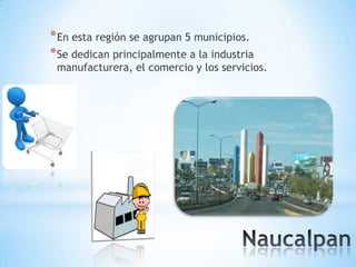 * En esta región se agrupan 5 municipios.
* Se dedican principalmente a la industria
 manufacturera, el comercio y los servicios.
 