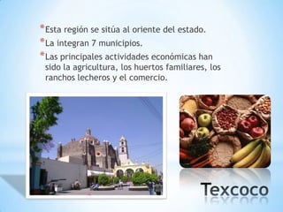 * Esta región se sitúa al oriente del estado.
* La integran 7 municipios.
* Las principales actividades económicas han
 sido la agricultura, los huertos familiares, los
 ranchos lecheros y el comercio.
 