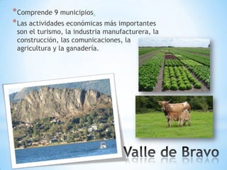 * Comprende 9 municipios.
* Las actividades económicas más importantes
 son el turismo, la industria manufacturera, la
 construcción, las comunicaciones, la
 agricultura y la ganadería.
 