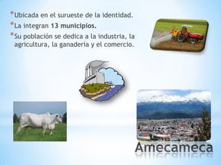 * Ubicada en el surueste de la identidad.
* La integran 13 municipios.
* Su población se dedica a la industria, la
 agricultura, la ganadería y el comercio.
 