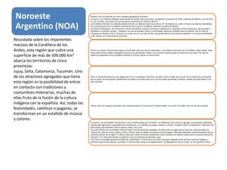 Noroeste
Argentino (NOA)
Relieve: Está constituido por tres unidades geográficas formales:
La puna: Es un extenso altiplano que excede los limites internacionales, ocupando el noroeste de Chile, sudoeste de Bolivia y sur de Perú.
Es, por lo tanto, una estructura de jerarquía continental en América del Sur.
La Cordillera Oriental: Se extiende desde el límite con Bolivia hasta cerca de los 27° de latitud sur, entre la Puna y las Sierras Subandinas.
Es la continuación de la cordillera Oriental de Perú y de las cordilleras Oriental y Central de Bolivia.
Las Sierras Subandinas: Se encuentran entre la Cordillera oriental y la llanura subtropical o chaqueña. Está formada por sierras bajas y
paralelas, en sentido noreste - sudoeste. Las sierras pierden altura y continuidad; aparecen aisladas hacia el oriente. Por el norte se
continúan en Bolivia y Perú. El límite sur se fija con el curso del río Salí, incluyendo dentro del sistema subandino a las sierras de Medina
y del Campo, en el noroeste de Tucumán.
Clima: Los vientos del este descargan su humedad sobre las sierras subandinas y las laderas orientales de la cordillera Salto-jujeña. Estas
áreas tienen clima cálido subtropical serrano con abundantes lluvias. Esos mismos vientos pasan ya secos hacia el oeste. Por eso las
laderas occidentales de la Cordillera Oriental y la Puna, tienen un clima árido.
Flora: El Noroeste presenta una vegetación rica en arrayanes, helechos, laureles y horco molle, que crecen en las selvas de la montaña;
por su parte, en los bosques predominan los alisos y los pinos del cerro y en los valles jacarandas, timboes, árboles de palo blanco y de
palo amarillo.
Fauna: Entre las especies animales más representativas se encuentran el puercoespín, el surucá, el cóndor real y el oso de anteojos.
Economía: Las actividades económicas se ven condicionadas por el medio. Los habitantes de la Puna se agrupan en pequeños poblados,
practicando agricultura y ganadería de subsistencia, con rebaños de ovejas, alpacas, y llamas. También existe la explotación industrial, de
gran escala, de minerales como el plomo, plata, zinc y sal.
Los valles fértiles de la cordillera Oriental están más densamente pobladas. Se desarrolla una agricultura intensiva, destacándose los
cultivos de caña de azúcar, tabaco, olivo y cítricos. Aquí es donde se localizan las principales industrias dedicadas al procesamiento de las
materias primas de la región. La densa selva que cubre las sierras Subandinas ofrece árboles de madera valiosa para el aprovechamiento
forestal. Es en ésta área donde se explotan ricos yacimientos de petróleo y gas.
Pero estas actividades generan problemas ambientales. El desmonte de selvas y bosques degrada estos biomas y pone en peligro a
distintas especies de plantas y animales. El monocultivo provoca el agotamiento y la degradación de los suelos. se ven grandes lluvias
Recostada sobre los imponentes
macizos de la Cordillera de los
Andes, esta región que cubre una
superficie de más de 500.000 km²
abarca los territorios de cinco
provincias:
Jujuy, Salta, Catamarca, Tucumán. Uno
de los atractivos agregados que tiene
esta región es la posibilidad de entrar
en contacto con tradiciones y
costumbres milenarias, muchas de
ellas fruto de la fusión de la cultura
indígena con la española. Así, todas las
festividades, católicas o paganas, se
transforman en un estallido de música
y colores.
 