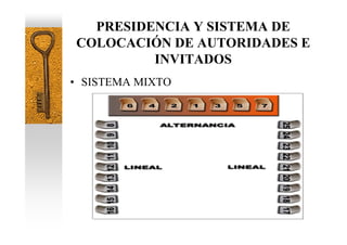 PRESIDENCIA Y SISTEMA DE
COLOCACIÓN DE AUTORIDADES E
         INVITADOS
• SISTEMA MIXTO
 