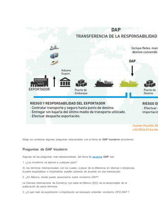 Abajo se contestan algunas preguntas relacionadas con el tema de DAP Incoterm eincoterms. 
Preguntas de DAP Incoterm 
Algunas de las preguntas más representativas del tema de incoterm DAP son: 
1. ¿Los incoterms se aplican a cualquier país? 
Sí, los términos internacionales con los cuales, a pesar de la diferencia en idiomas o distancias, 
la parte exportadora e importadora pueden ponerse de acuerdo en una transacción. 
2. ¿En México, donde puedo asesorarme sobre incoterms DAP? 
La Cámara Internacional de Comercio con sede en México (ICC) es la responsable de la 
publicación de estos términos. 
3. ¿A qué nivel de exportación o importación es necesario entender incoterms 2010 DAP ? 
 