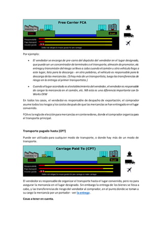 Por ejemplo: 
 El vendedor se encarga de pre-carro del depósito del vendedor en el lugar designado, 
que puede ser un concentrador de terminales o el transporte, almacén de promotor, etc 
entrega y transmisión del riesgo se lleva a cabo cuando el camión u otro vehículo llega a 
este lugar, listo para la descarga - en otro palabras, el vehículo es responsable para la 
descarga de las mercancías. (Si hay más de un transportista, luego las transferencias de 
riesgo en la entrega al primer transportista.) 
 Cuando el lugar acordado es el establecimiento del vendedor, el vendedor es responsable 
de cargar la mercancía en el camión, etc. NB esta es una diferencia importante con Ex 
Works EXW 
En todos los casos, el vendedor es responsable de despacho de exportación; el comprador 
asume todos los riesgos y los costos después de que las mercancías se han entregado en el lugar 
convenido. 
FCA es la regla de elección para mercancías en contenedores, donde el comprador organiza para 
el transporte principal. 
Transporte pagado hasta (CPT) 
Puede ser utilizado para cualquier modo de transporte, o donde hay más de un modo de 
transporte. 
El vendedor es responsable de organizar el transporte hasta el lugar convenido, pero no para 
asegurar la mercancía en el lugar designado. Sin embargo la entrega de los bienes se lleva a 
cabo, y las transferencias de riesgo del vendedor al comprador, en el punto donde se toman a 
su cargo la mercancía por un portador - ver la entrega . 
Cosas a tener en cuenta. 
 
