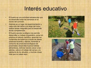 Interés educativo
• El huerto es una actividad extraescolar que
se desarrolla todas las semanas en el
recreo del comedor.
• Además es un lugar de experimentación y
cada ciclo del centro a lo largo del curso
realiza tareas integrales para el desarrollo
de las competencias.
• El huerto escolar ecológico nos permite
desarrollar un trabajo cooperativo, poner en
práctica el método científico, aprender los
contenidos de botánica a través de clases
prácticas tocando y oliendo, fomentar el
consumo de productos ecológicos de
proximidad, desarrollar buenos hábitos
alimenticios, disfrutar viendo crecer a las
plantas, valorar el trabajo del campo y la
sabiduría de los abuelos, y muchas cosas
más que no caben aquí.
 