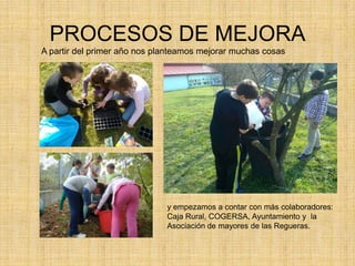 PROCESOS DE MEJORA
A partir del primer año nos planteamos mejorar muchas cosas
y empezamos a contar con más colaboradores:
Caja Rural, COGERSA, Ayuntamiento y la
Asociación de mayores de las Regueras.
 
