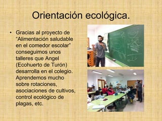 Orientación ecológica.
• Gracias al proyecto de
“Alimentación saludable
en el comedor escolar”
conseguimos unos
talleres que Angel
(Ecohuerto de Turón)
desarrolla en el colegio.
Aprendemos mucho
sobre rotaciones,
asociaciones de cultivos,
control ecológico de
plagas, etc.
 