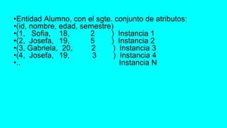 •Entidad Alumno, con el sgte. conjunto de atributos:
•(id, nombre, edad, semestre)
•(1, Sofia, 18, 2 ) Instancia 1
•(2, Josefa, 19, 5 ) Instancia 2
•(3, Gabriela, 20, 2 ) Instancia 3
•(4, Josefa, 19, 3 ) Instancia 4
•.. Instancia N
 