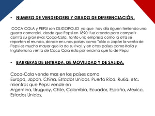 • NUMERO DE VENDEDORES Y GRADO DE DIFERENCIACIÓN.

 COCA COLA y PEPSI son OLIGOPOLIO ya que hoy día siguen teniendo una
guerra comercial, desde que Pepsi en 1890, fue creada para competir
contra su gran rival, Coca-Cola. Tanto una empresa como la otra se
reparten el mundo, donde en unos países como Tokio o Japón la venta de
Pepsi es mucho mayor que la de su rival, y en otros países como Italia y
Inglaterra la venta de Coca Cola esta por encima que la de Pepsi


• BARRERAS DE ENTRADA, DE MOVILIDAD Y DE SALIDA.

Coca-Cola vende mas en los países como
Europa, Japon, China, Estados Unidos, Puerto Rico, Rusia, etc.
mientras que Pepsi vende en
Argentina, Uruguay, Chile, Colombia, Ecuador, España, Mexico,
Estados Unidos,
 