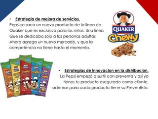• Estrategia de mejora de servicios.
Pepsico saca un nuevo producto de la línea de
Quaker que es exclusiva para los niños. Una línea
Que se dedicaba solo a las personas adultas
Ahora agrega un nuevo mercado, y que la
competencia no tiene hasta el momento.




                         •  Estrategias de innovacion en la distribucion.
                         La Pepsi empezó a surtir con preventa y así ya
                           tienes tu producto asegurado como cliente,
                      ademas para cada producto tiene su Preventista.
 
