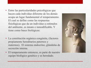 • Entre las particularidades psicológicas que
hacen cada individuo diferente de los demás
ocupa un lugar fundamental el temperamento.
El cual se define como las respuestas
fisiológicas que da un individuo a estímulos
del ambiente, es innato e inmodificable. Y
tiene como bases biológicas:
• La constitución orgánica congénita, (factores
propiamente hereditarios paternos y
maternos). El sistema endocrino, glándulas de
secreción interna.
• El temperamento entonces, es parte de nuestro
equipo biológico genético y es heredado.
 