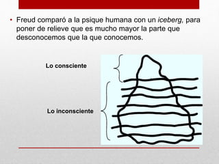 Lo inconsciente
Lo consciente
• Freud comparó a la psique humana con un iceberg, para
poner de relieve que es mucho mayor la parte que
desconocemos que la que conocemos.
 