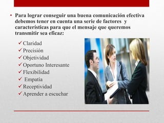 • Para lograr conseguir una buena comunicación efectiva
debemos tener en cuenta una serie de factores y
características para que el mensaje que queremos
transmitir sea eficaz:
Claridad
Precisión
Objetividad
Oportuno Interesante
Flexibilidad
 Empatía
Receptividad
Aprender a escuchar
 