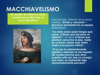 MACCHIAVELISMO
Machiavello (filósofo de la edad
media),“divide y vencerás”=
provocar enemistad en un equipo.
(estrategia)
“no mires sobre quien tengas que
pasar, si tienes que alcanzar un
objetivo”; es decir si tienes que
pisotear, serruchar el piso, meter
en cuentos, hablar mal, hasta
matar si es preciso HAZLO…
“Si yo soy lo suficientemente
egoísta y además no me importa
las consecuencias que otros
pueden sufrir por que yo consiga
una meta, es realmente algo
demasiadamente perverso”.
Un equipo se reduce a nada
cuando en sus filas hay un
“macchiavéllico”
 