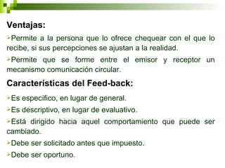 Ventajas: Permite a la persona que lo ofrece chequear con el que lo recibe, si sus percepciones se ajustan a la realidad. Permite que se forme entre el emisor y receptor un mecanismo comunicación circular. Características del Feed-back: Es específico, en lugar de general. Es descriptivo, en lugar de evaluativo. Está dirigido hacia aquel comportamiento que puede ser cambiado. Debe ser solicitado antes que impuesto. Debe ser oportuno. 
