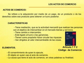 LOS ACTOS DE COMERCIO
ACTOS DE COMERCIO:
Se refiere a la adquisición por medio de un pago, de un producto o de los
derechos sobre ese producto para obtener un lucro posterior.
- Tiene mediación, que es la actividad mercantil que realizan las personas
con el objetivo de intercambiar en el mercado bienes y servicios.
- Tiene cambio e intercambio.
- Está ligado al lucro o las ganancias.
- Tienen como propósito hacer circular las riquezas.
- Van dirigidos al valor intercambiable de las cosas.
CARACTERISTICAS
- El consentimiento de quien lo ejecuta.
- El objeto en quien cae el acto de comercio.
- La causa que tiene el acto de comercio, en otras palabras su finalidad.
ELEMENTOS. Articulo 1 Y 2
Código de Comercio
 