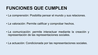 FUNCIONES QUE CUMPLEN
• La comprensión: Posibilita pensar el mundo y sus relaciones.
• La valoración: Permite calificar y comprobar hechos.
• La comunicación: permite interactuar mediante la creación y
representación de las representaciones sociales.
• La actuación: Condicionada por las representaciones sociales.
 