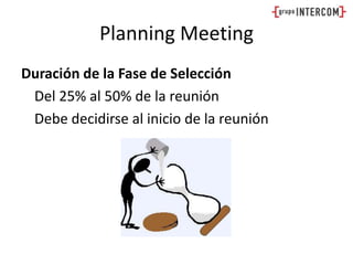 Planning MeetingDuración de la Fase de Selección	Del 25% al 50% de la reunión	Debe decidirse al inicio de la reunión