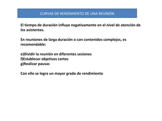 CURVAS DE RENDIMIENTO DE UNA REUNIÓN El tiempo de duración influye negativamente en el nivel de atención de los asistentes. En reuniones de larga duración o con contenidos complejos, es recomendable: Dividir la reunión en diferentes sesiones Establecer objetivos cortos Realizar pausas  Con ello se logra un mayor grado de rendimiento 