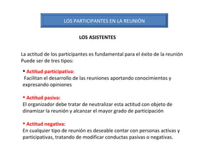 LOS PARTICIPANTES EN LA REUNIÓN La actitud de los participantes es fundamental para el éxito de la reunión Puede ser de tres tipos: Actitud participativa :  Facilitan el desarrollo de las reuniones aportando conocimientos y expresando opiniones Actitud pasiva:  El organizador debe tratar de neutralizar esta actitud con objeto de dinamizar la reunión y alcanzar el mayor grado de participación Actitud negativa:  En cualquier tipo de reunión es deseable contar con personas activas y participativas, tratando de modificar conductas pasivas o negativas. LOS ASISTENTES 