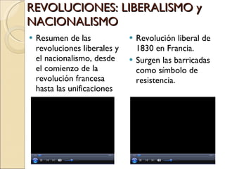 REVOLUCIONES: LIBERALISMO y NACIONALISMO Resumen de las revoluciones liberales y el nacionalismo, desde el comienzo de la revolución francesa hasta las unificaciones Revolución liberal de 1830 en Francia. Surgen las barricadas como símbolo de resistencia. 