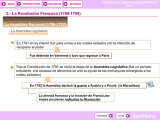 HISTORIA DEL MUNDO CONTEMPORÁNEO
TEMA 3
RECURSOS INTERNETPRESENTACIÓN
Santillana
INICIO
SALIRSALIRANTERIORANTERIOR
La Asamblea Nacional (1789-1792)
3.- La Revolución Francesa (1789-1799)
La Asamblea Legislativa
En 1791 el rey intentó huir para unirse a los nobles exiliados con la intención de
recuperar el poder
Fue detenido en Varennes y tuvo que regresar a ParisFue detenido en Varennes y tuvo que regresar a Paris
Tras la Constitución de 1791 se inició la etapa de la Asamblea Legislativa (fue un período
turbulento: a la escasez de alimentos se unió la ayuda de las monarquías extranjeras a los
nobles exiliados)
En 1792 la Asamblea declaró la guerra a Austria y a Prusia (la Marsellesa)En 1792 la Asamblea declaró la guerra a Austria y a Prusia (la Marsellesa)
La derrota francesa y la invasión de Francia por
tropas prusianas radicalizó la Revolución
 
