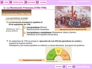 HISTORIA DEL MUNDO CONTEMPORÁNEO
TEMA 3
RECURSOS INTERNETPRESENTACIÓN
Santillana
INICIO
SALIRSALIRANTERIORANTERIOR
La Convención (1792-1794)
3.- La Revolución Francesa (1789-1799)
Composición de la Convención
Los girondinos al poder
La Convención proclamó la república el
20 de septiembre de 1792
Destacaron dos
grupos políticos
Los girondinos (Brissot)
Revolucionarios moderados
Los jacobinos o montañeses (Robespierre, Marat y Danton)
Partidarios de la república democrática
En septiembre de 1792 se produjo la ejecución de Luis XVI (los girondinos en contra) y
empeoró la situación exterior:
Robespierre y las masas populares se sublevan y nuevas elecciones que ganan los jacobinos
Ejecución de Luis XVI, 21 de enero de 1793
 