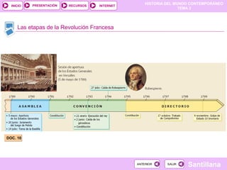 HISTORIA DEL MUNDO CONTEMPORÁNEO
TEMA 3
RECURSOS INTERNETPRESENTACIÓN
Santillana
INICIO
SALIRSALIRANTERIORANTERIOR
Las etapas de la Revolución Francesa
DOC. 10DOC. 10
 