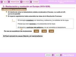 HISTORIA DEL MUNDO CONTEMPORÁNEO
TEMA 3
RECURSOS INTERNETPRESENTACIÓN
Santillana
INICIO
SALIRSALIRANTERIORANTERIOR
Liberalismo y nacionalismo
El imperio napoleónico había extendido las ideas de la Revolución Francesa
- El concepto ciudadano con derechos y soberanía y no súbditos de los reyes
- Países que eran naciones y no posesiones de los reyes
- El derecho a participar del gobierno y no ser sometidos al absolutismo
5.- Restauración y revolución en Europa (1815-1830)
Por eso se sucedieron las revoluciones 1820 1830 1848
El intento de volver al absolutismo estaba condenado al fracaso. La vuelta al A.R.
ya no era posible
Al final vencerá la causa liberal y el nacionalismo
 