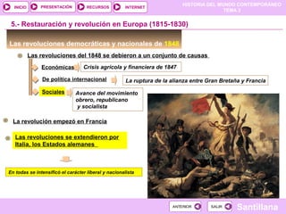 HISTORIA DEL MUNDO CONTEMPORÁNEO
TEMA 3
RECURSOS INTERNETPRESENTACIÓN
Santillana
INICIO
SALIRSALIRANTERIORANTERIOR
Las revoluciones democráticas y nacionales de 1848
Las revoluciones del 1848 se debieron a un conjunto de causas
Económicas Crisis agrícola y financiera de 1847
5.- Restauración y revolución en Europa (1815-1830)
De política internacional La ruptura de la alianza entre Gran Bretaña y Francia
Sociales Avance del movimiento
obrero, republicano
y socialista
La revolución empezó en Francia
Las revoluciones se extendieron por
Italia, los Estados alemanes
En todas se intensificó el carácter liberal y nacionalista
 
