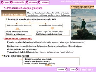 HISTORIA DEL MUNDO CONTEMPORÁNEO
TEMA 3
RECURSOS INTERNETPRESENTACIÓN
Santillana
INICIO
SALIRSALIRANTERIORANTERIOR
7.- Pensamiento, ciencia y cultura
El espíritu romántico
El caminante sobre el mar de niebla,
de Caspar David Friedrich
Respuesta al racionalismo ilustrado del siglo XVIII
Romanticismo revolucionario Romanticismo conservador
Unido a las revoluciones
liberales y nacionales
Apostaba por las tradicionales
instituciones del absolutismo
Espíritu de rebeldía (exaltaba la libertad del creador, opuesto a las reglas de las academias)
Exaltación de los sentimientos y de la pasión frente al racionalismo (dolor, tristeza..
Actitud positiva ante la naturaleza
Características romanticismo
Valoración de la Edad Media (origen histórico de los pueblos y sus tradiciones)
Surgió el héroe romántico
- Ser atormentado e insatisfecho
- Melancólico y desencantado
(que se suicidan o mueren jovenes)
DOC. 36
Movimiento cultural, intelectual y artístico, vinculado a los
movimientos políticos y revolucionarios de la época
 
