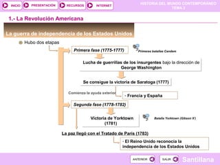 HISTORIA DEL MUNDO CONTEMPORÁNEO
TEMA 3
RECURSOS INTERNETPRESENTACIÓN
Santillana
INICIO
SALIRSALIRANTERIORANTERIOR
La guerra de independencia de los Estados Unidos
Hubo dos etapas
Primera fase (1775-1777)
1.- La Revolución Americana
Lucha de guerrillas de los insurgentes bajo la dirección de
George Washington
Lucha de guerrillas de los insurgentes bajo la dirección de
George Washington
Se consigue la victoria de Saratoga (1777)Se consigue la victoria de Saratoga (1777)
- Francia y España
Comienza la ayuda exterior
Primeras batallas Candem
Batalla Yorktown (Gibson 9’)
Segunda fase (1778-1782)
Victoria de Yorktown
(1781)
Victoria de Yorktown
(1781)
La paz llegó con el Tratado de París (1783)
- El Reino Unido reconocía la
independencia de los Estados Unidos
 